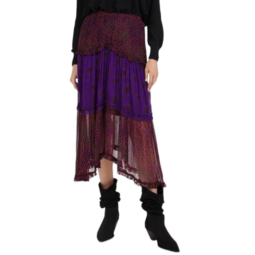 NWT ba&sh Jupe Gapi Midi Skirt Burgundy Purple Size 0 Asymmetrical Tiered